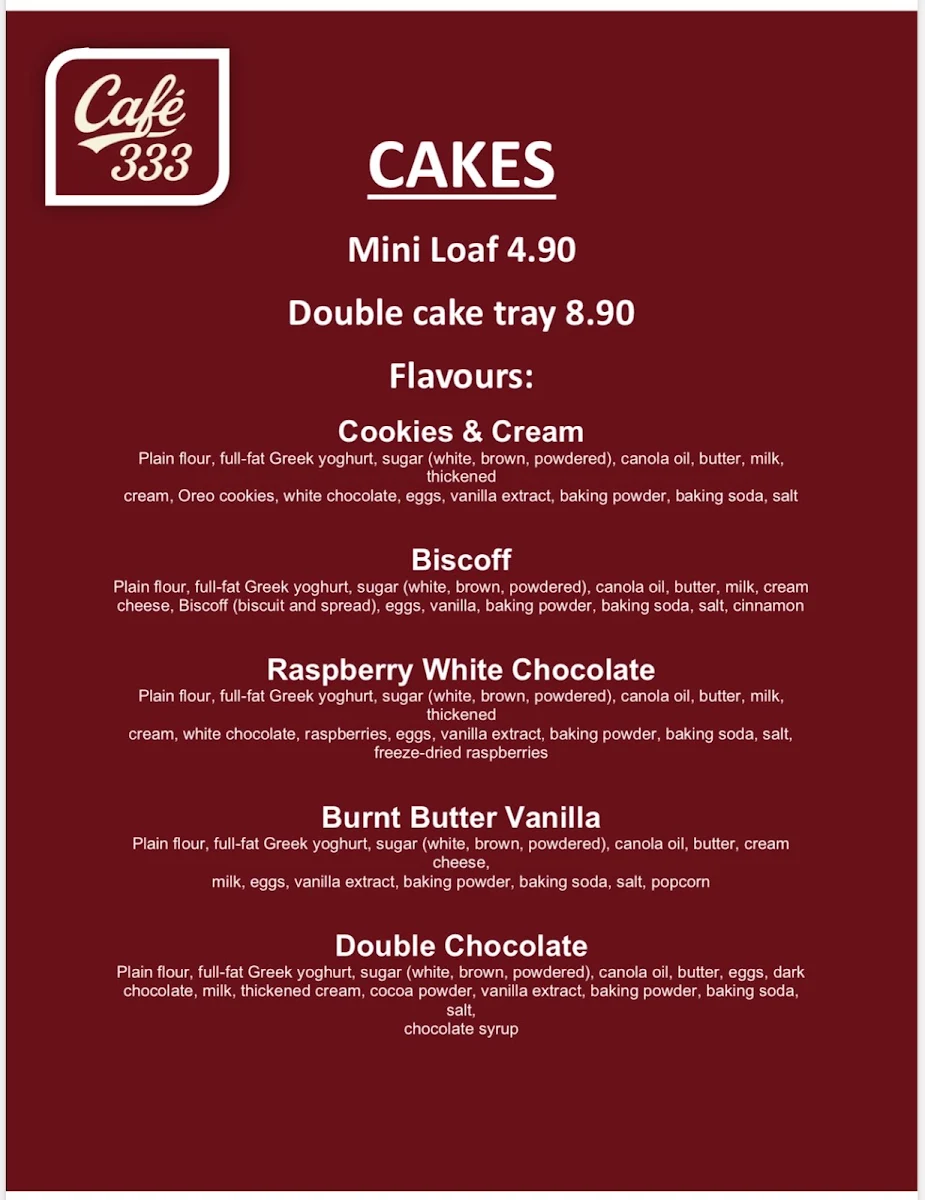 Menu, Cafe 333 Perth