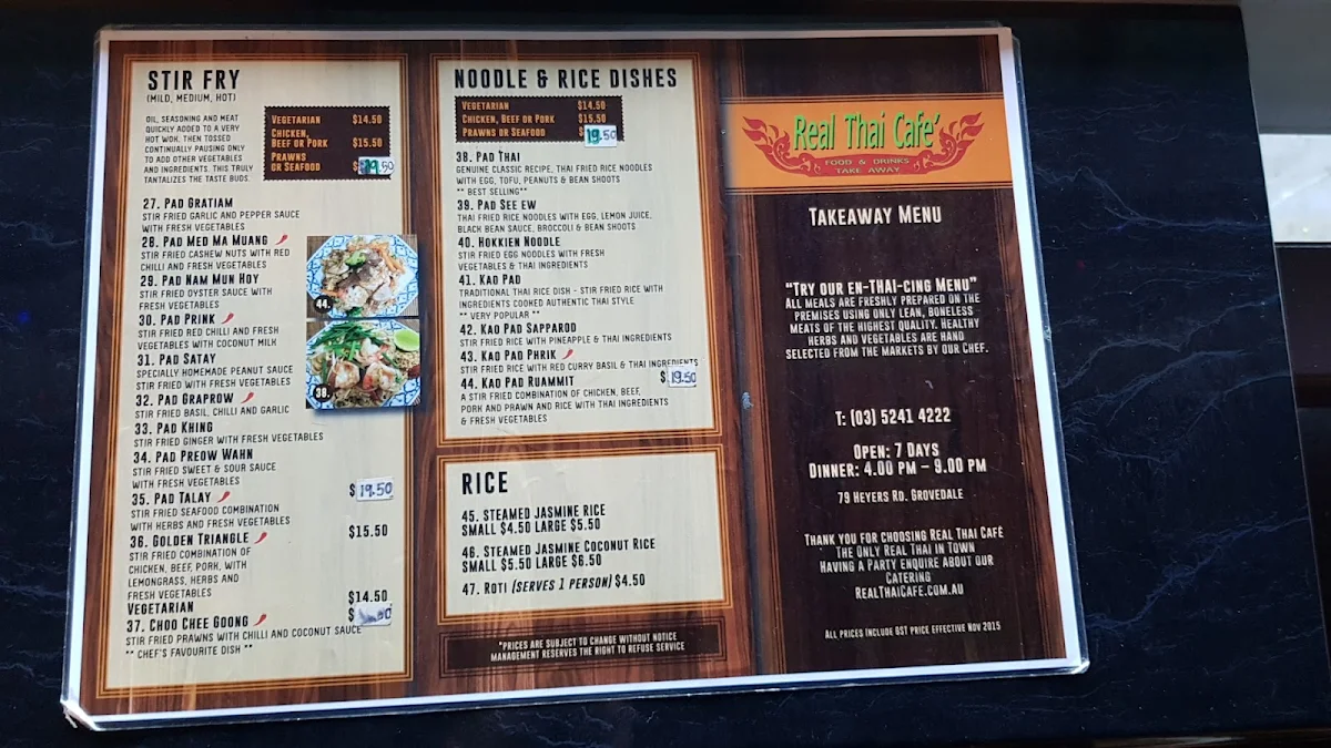 Menu, Real Thai Cafe Grovedale