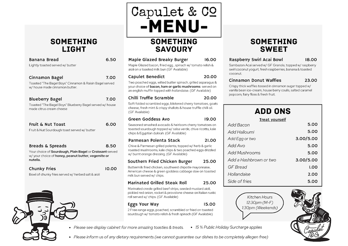 Menu, Capulet & Co