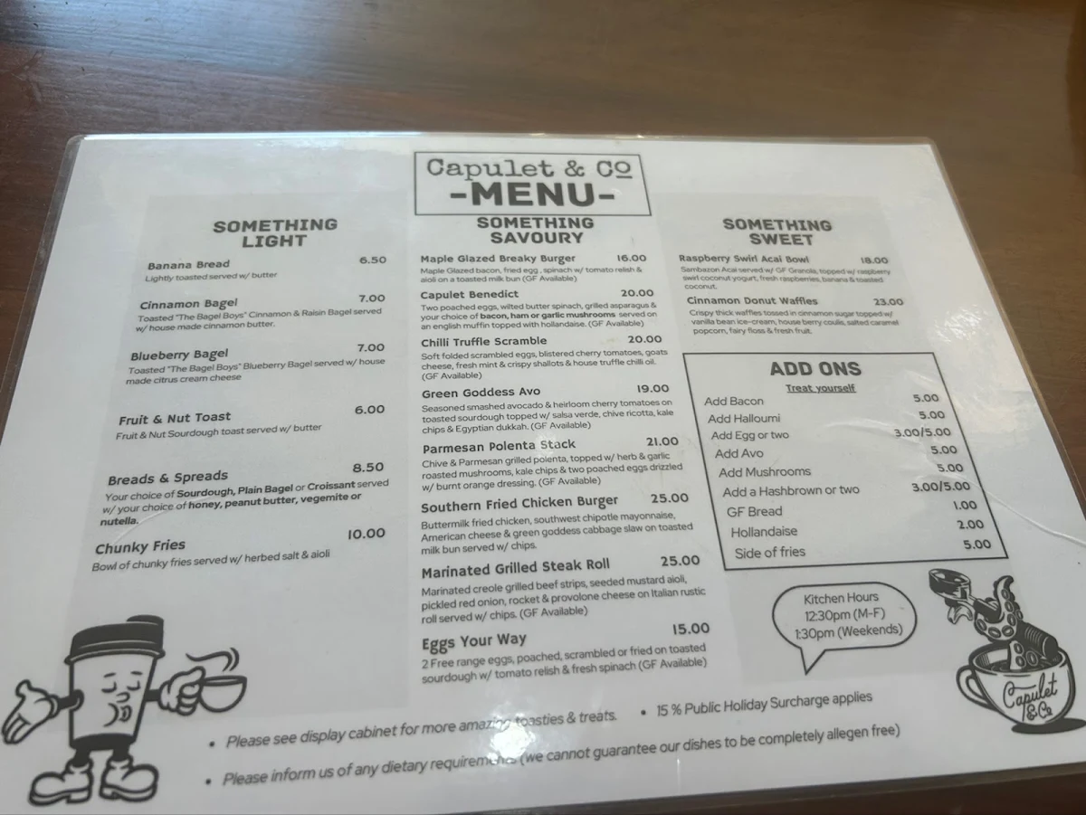 Menu, Capulet & Co