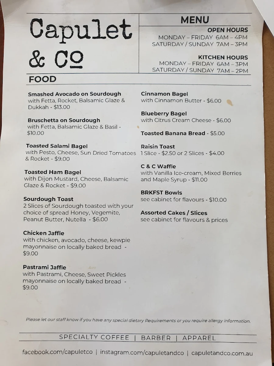Menu, Capulet & Co