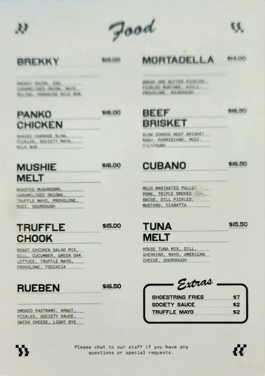 Menu, Sandwich Society