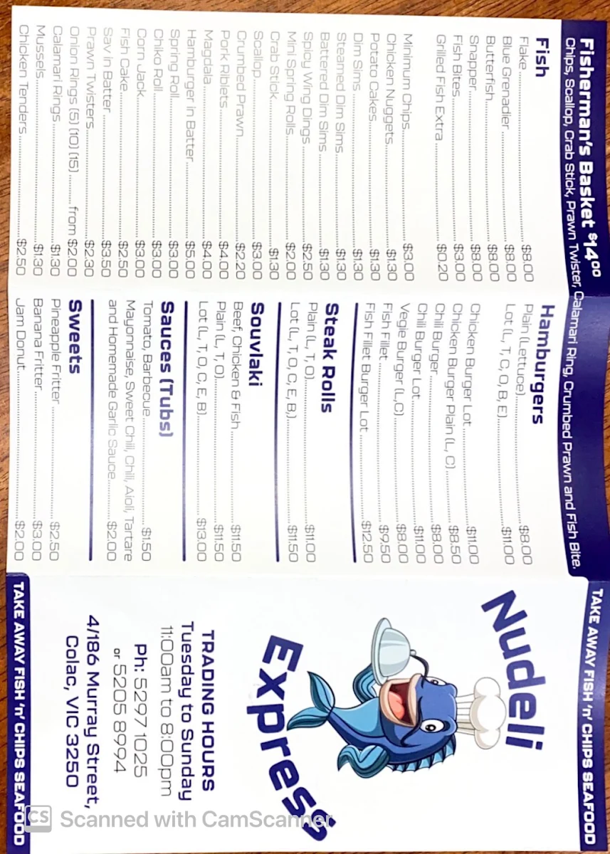 Menu, Cafe Nudeli / Nudeli Express Fish & Chips Hamburgers