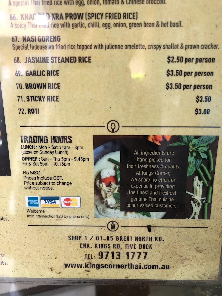 Menu, Kings Corner Thai Five Dock