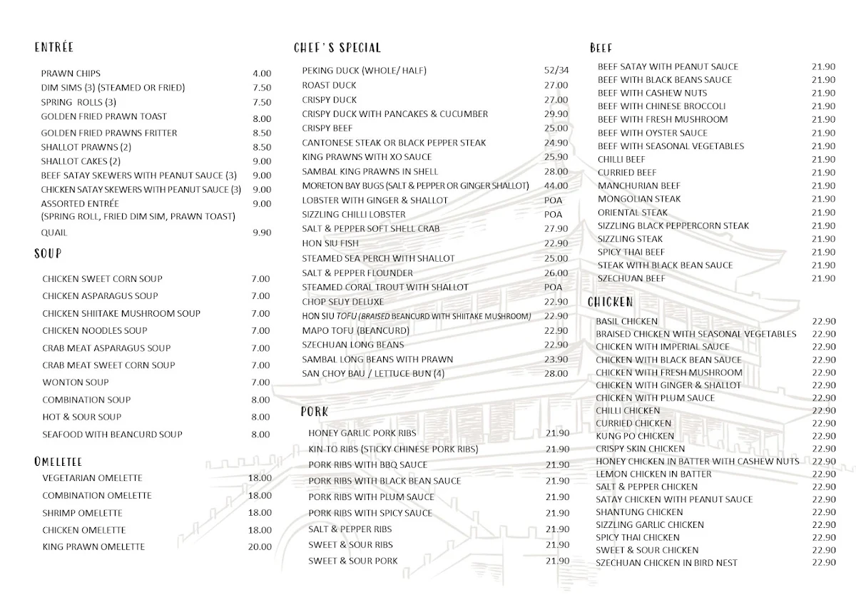 Menu, Prince Room Restaurant