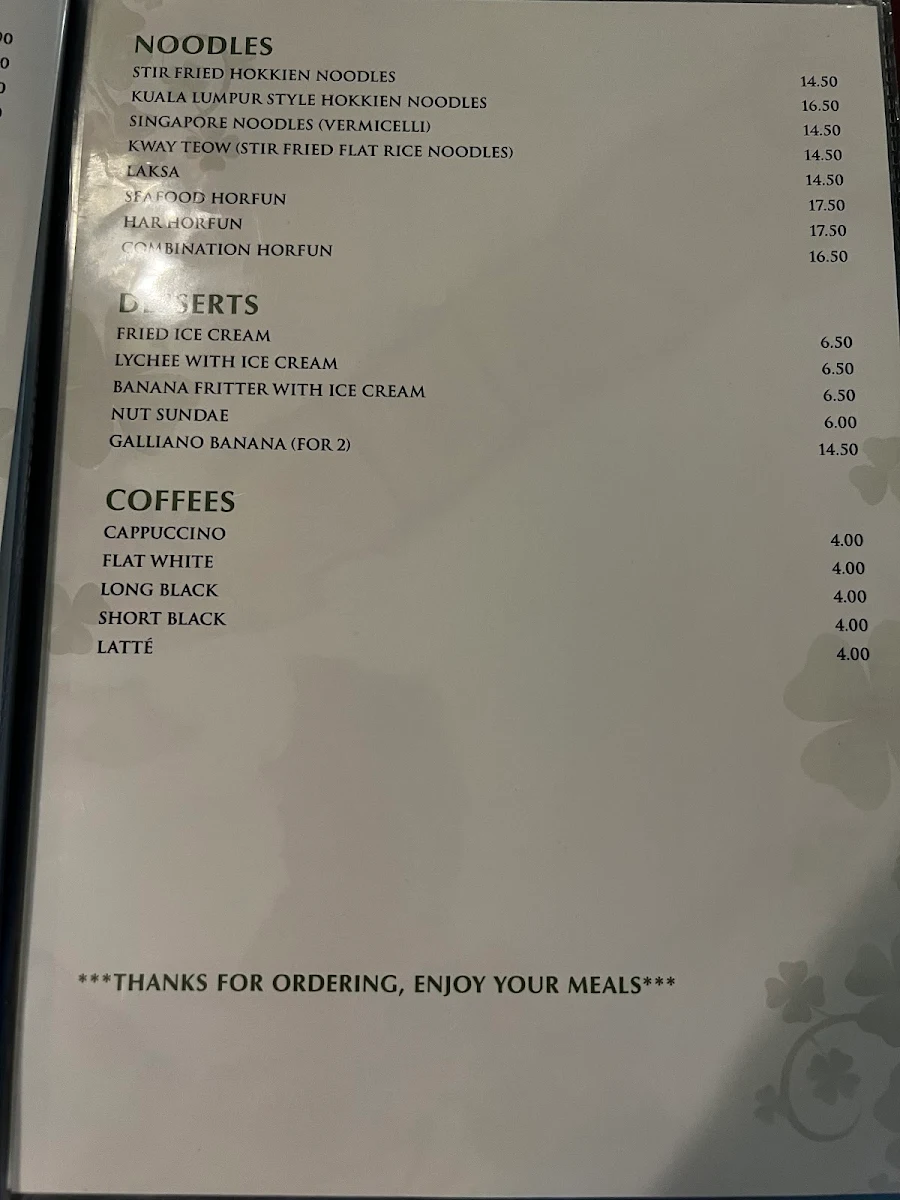Menu, Prince Room Restaurant