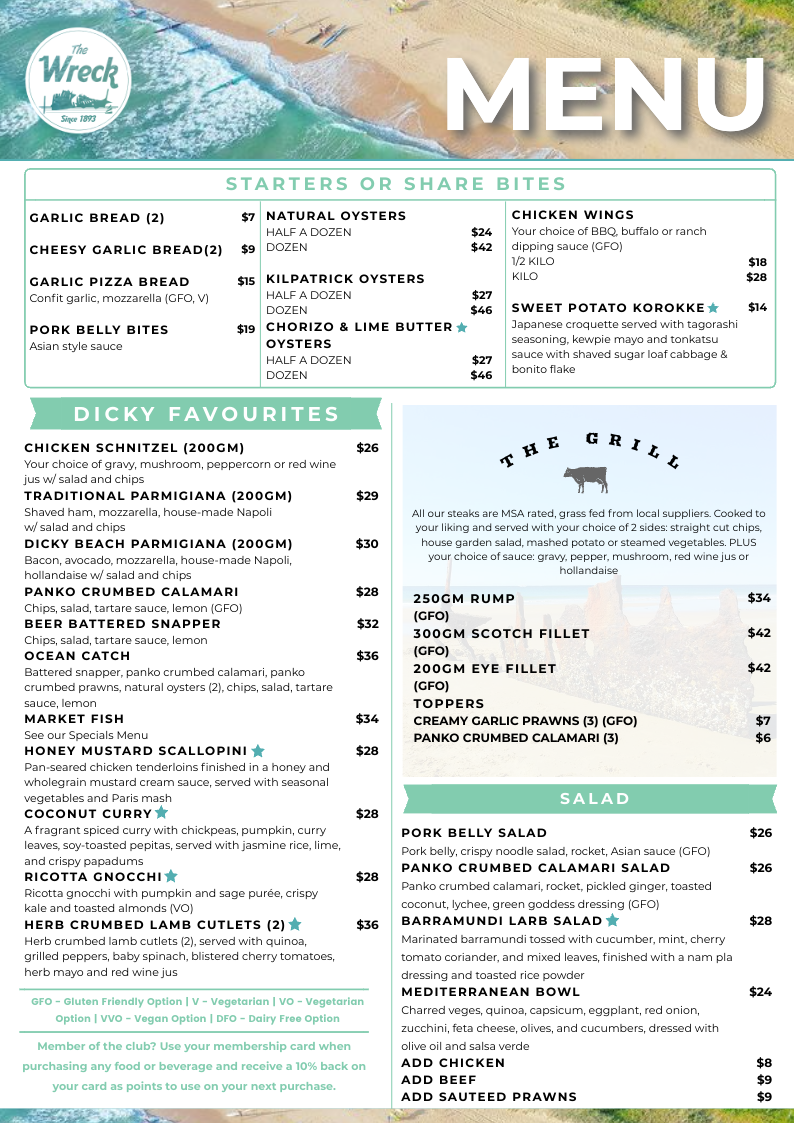 Menu, Dicky Beach Surf Club