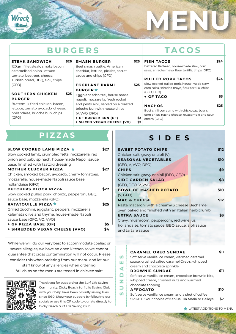 Menu, Dicky Beach Surf Club