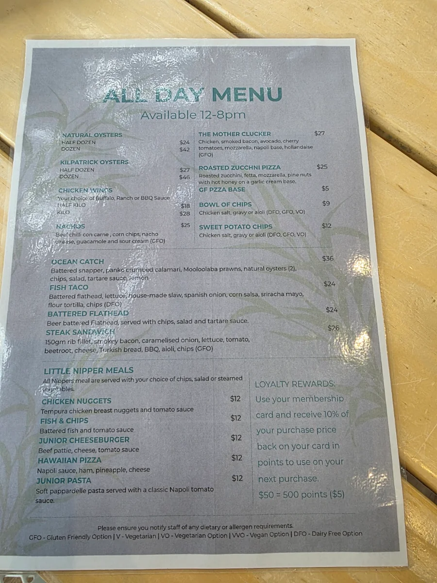 Menu, Dicky Beach Surf Club