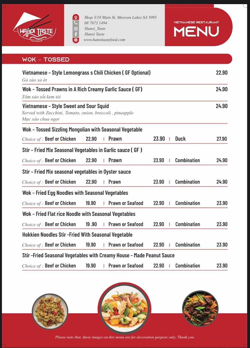 Menu, Hanoi taste