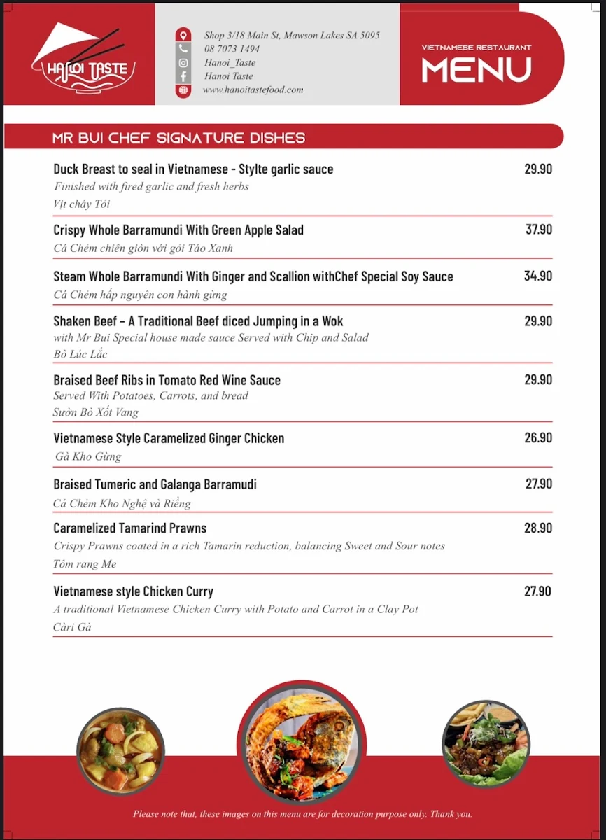 Menu, Hanoi taste