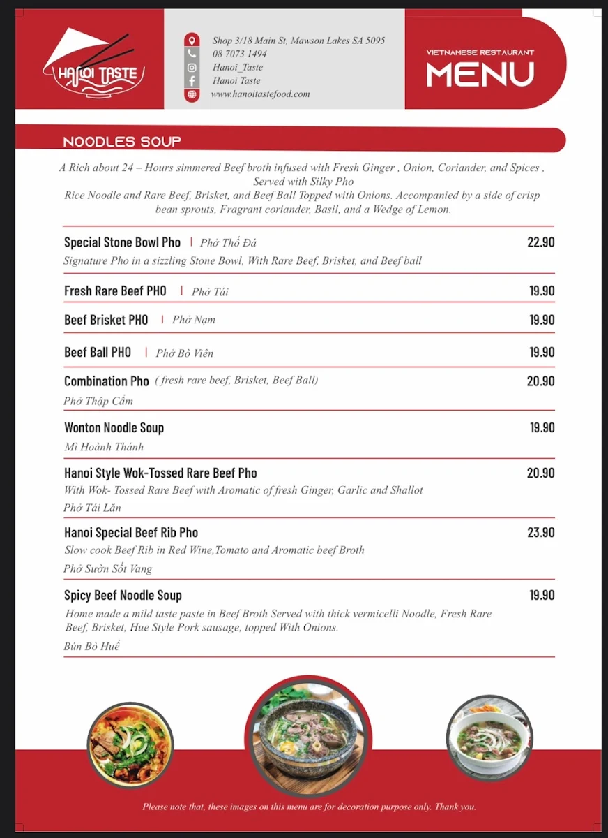 Menu, Hanoi taste