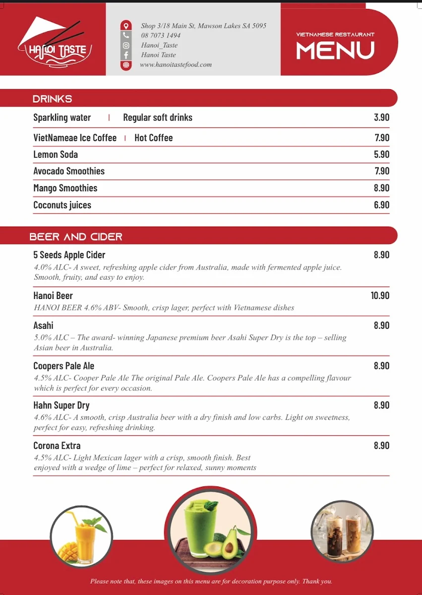 Menu, Hanoi taste