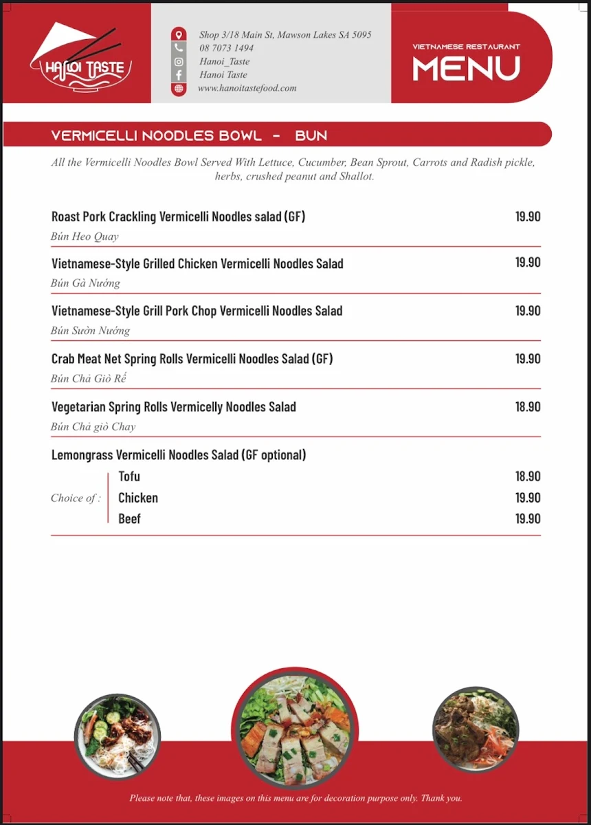 Menu, Hanoi taste