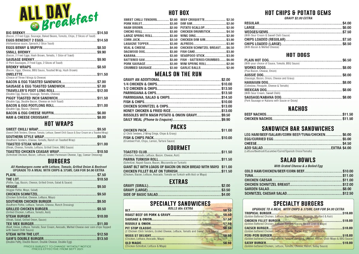 Menu, Pitstop Café Slacks Creek