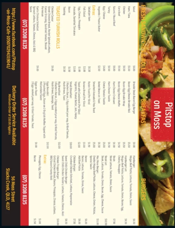 Menu, Pitstop Café Slacks Creek