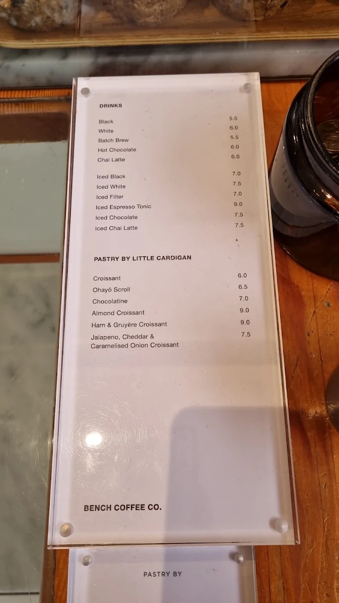 Menu, BENCH COFFEE CO. Slater St