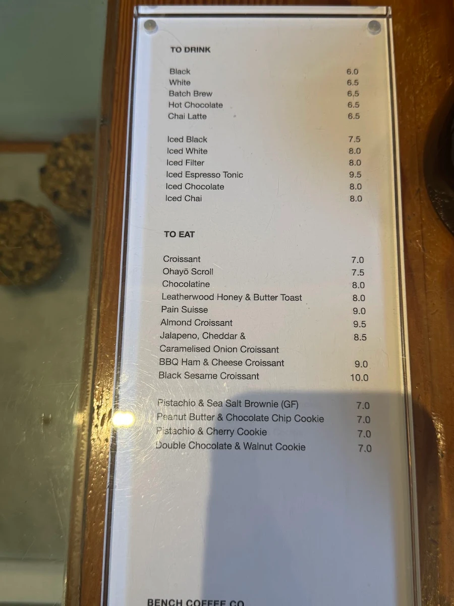 Menu, BENCH COFFEE CO. Slater St
