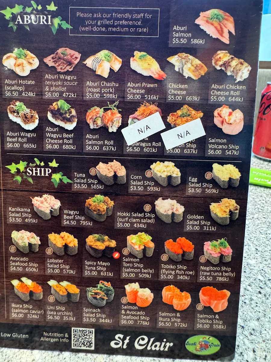 Menu, Sushi Train St Clair Station