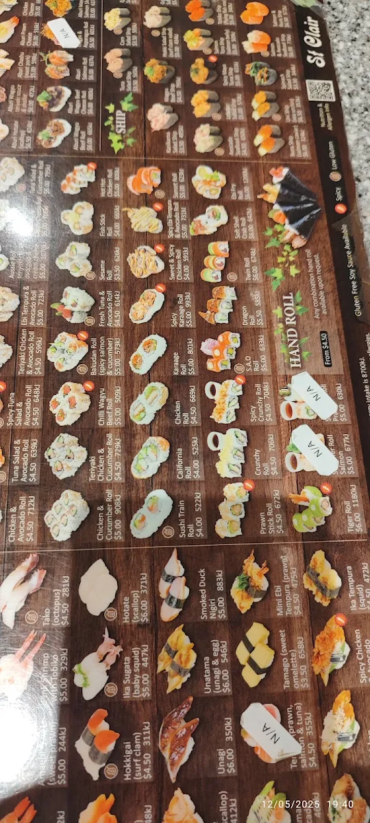 Menu, Sushi Train St Clair Station