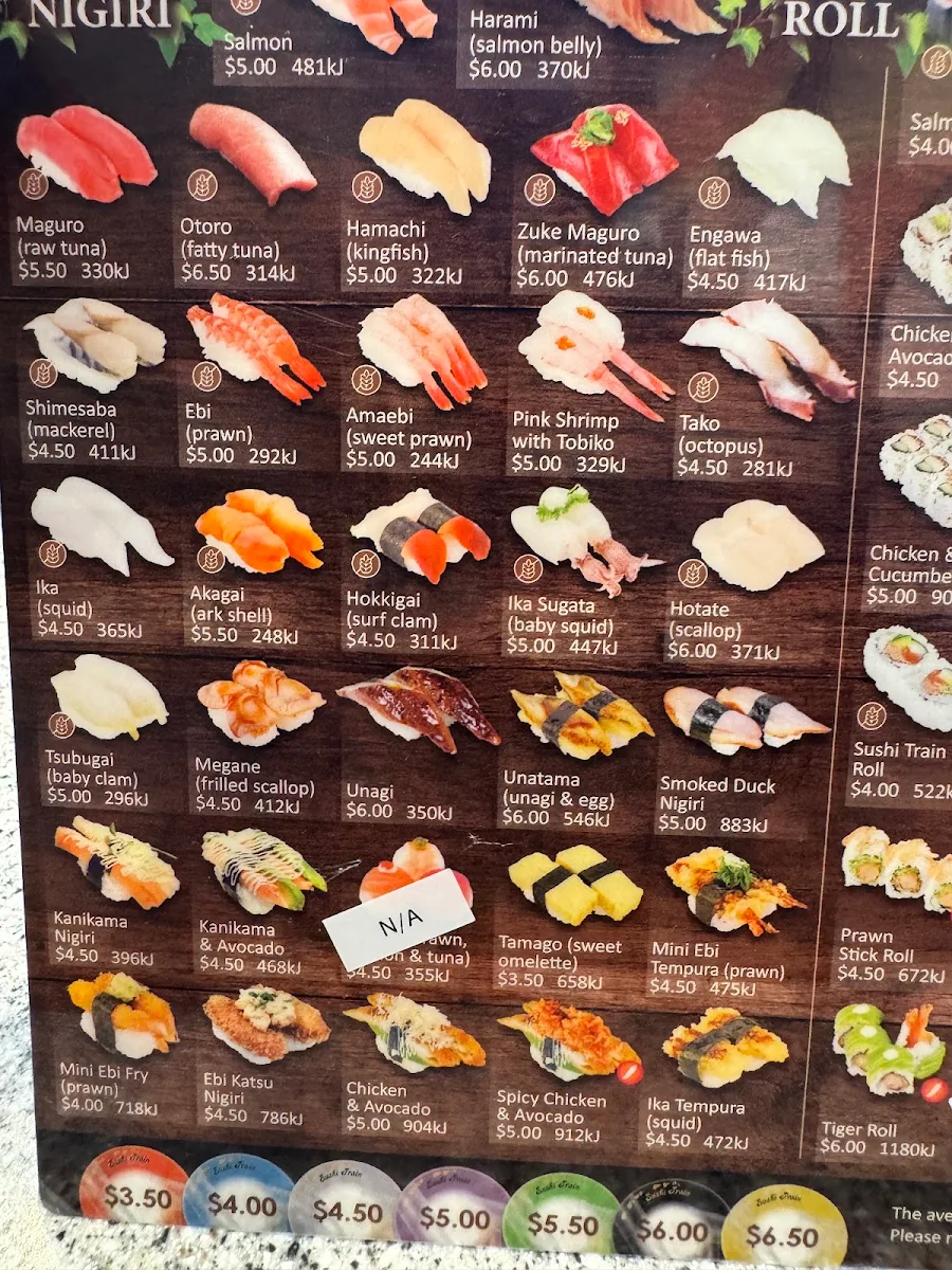 Menu, Sushi Train St Clair Station