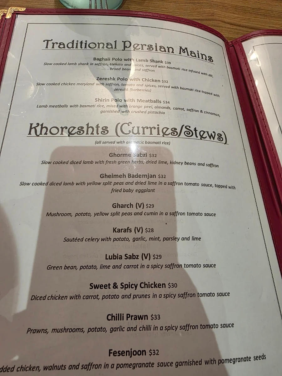 Menu, Anais Restaurant - Taste of Persia & Shisha