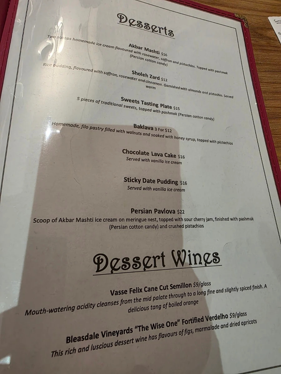Menu, Anais Restaurant - Taste of Persia & Shisha