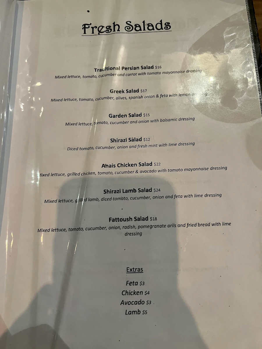Menu, Anais Restaurant - Taste of Persia & Shisha