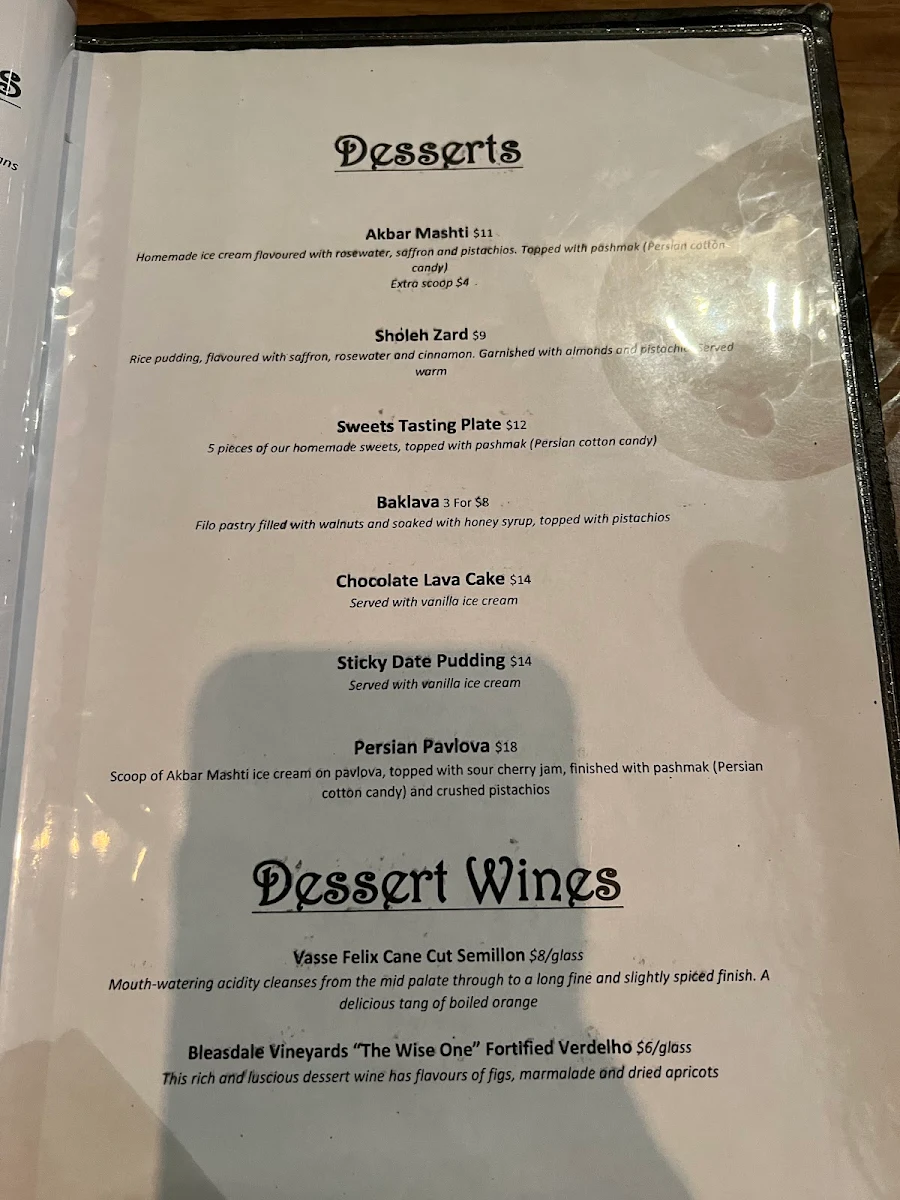 Menu, Anais Restaurant - Taste of Persia & Shisha