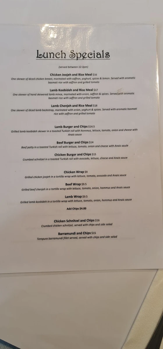 Menu, Anais Restaurant - Taste of Persia & Shisha