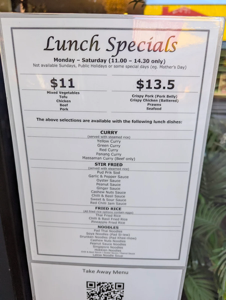 Menu, Manee Manee Thai Restaurant