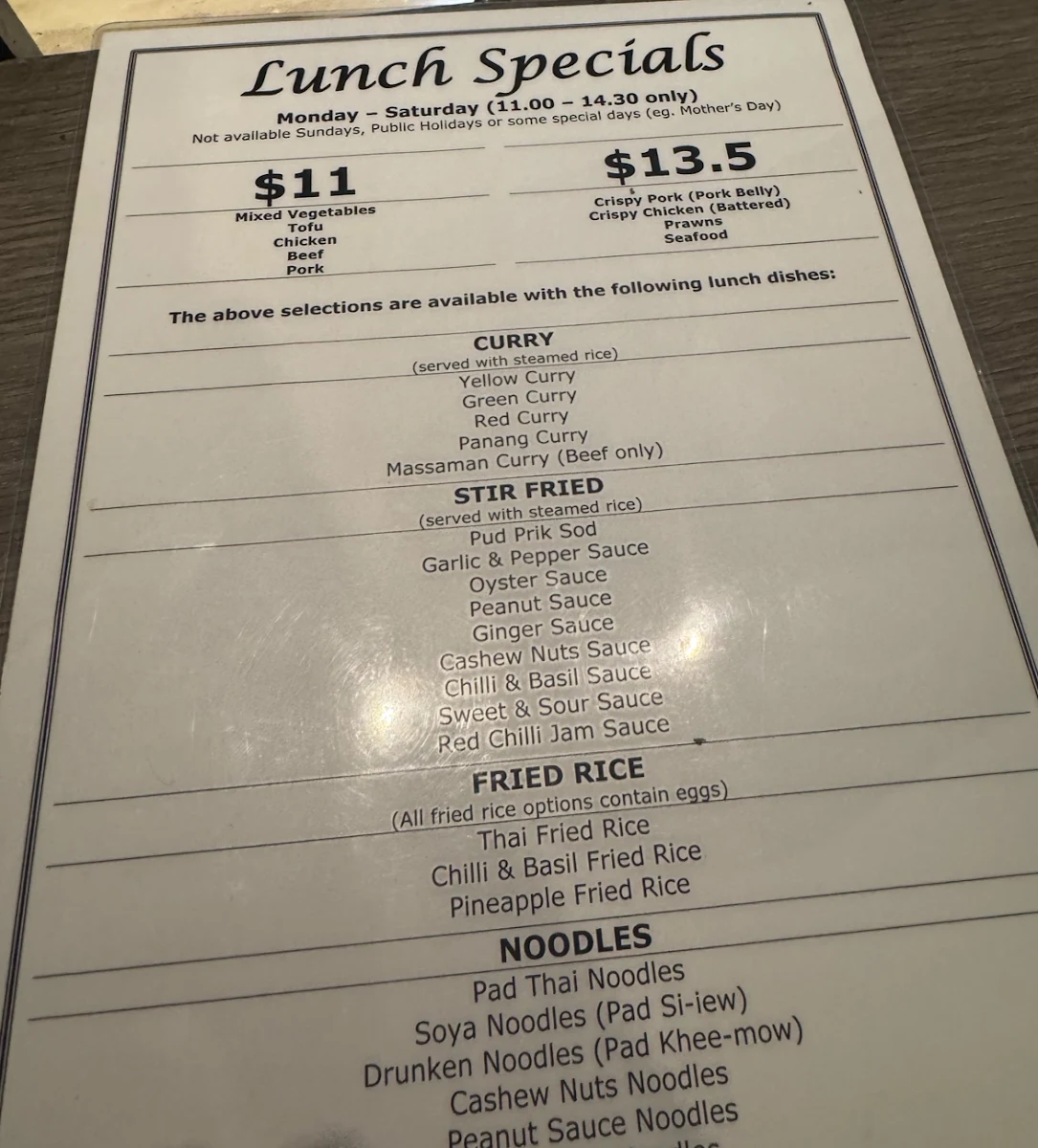 Menu, Manee Manee Thai Restaurant