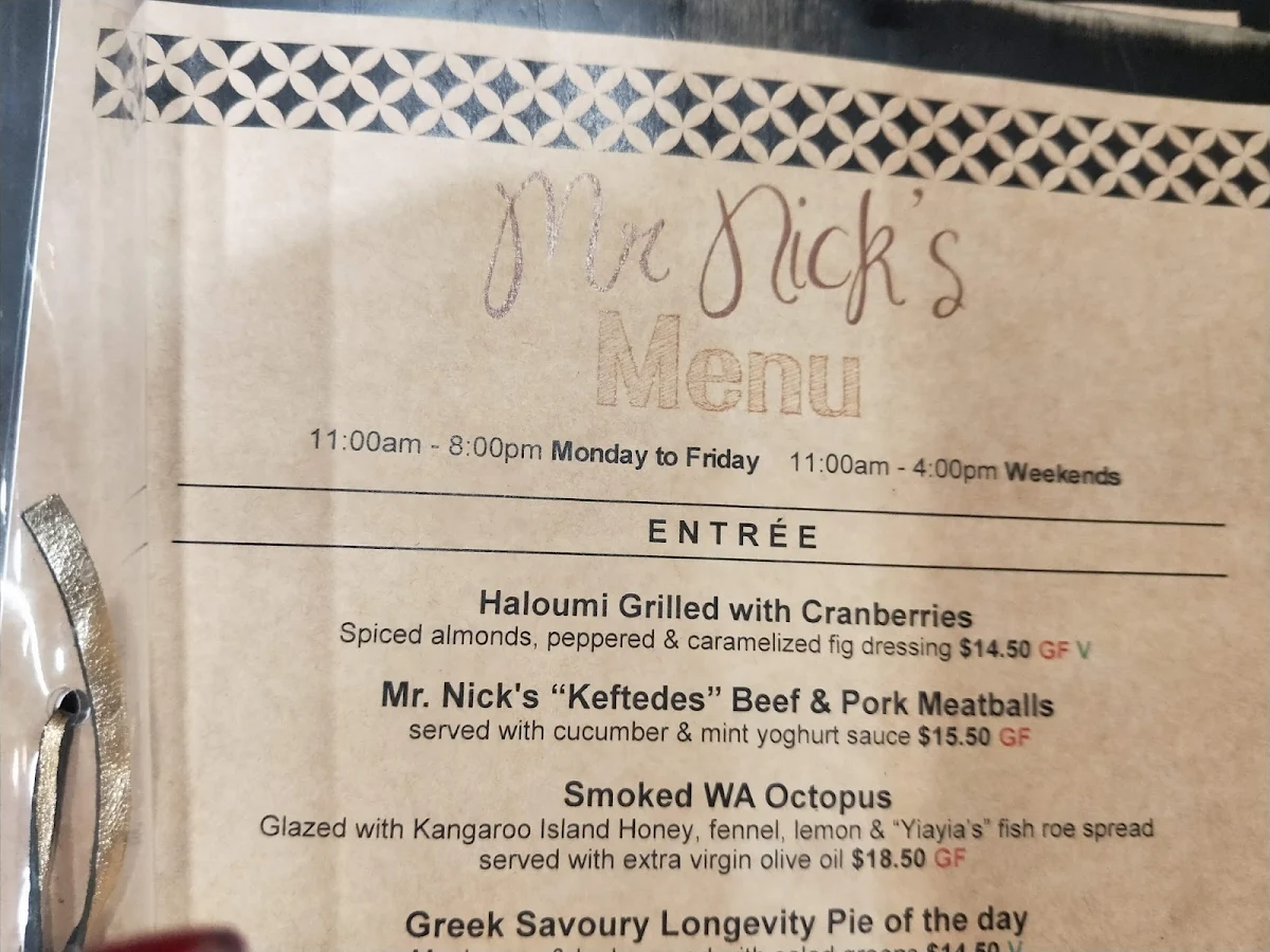 Menu, Mr. Nick's Kitchen & Coffee Bar