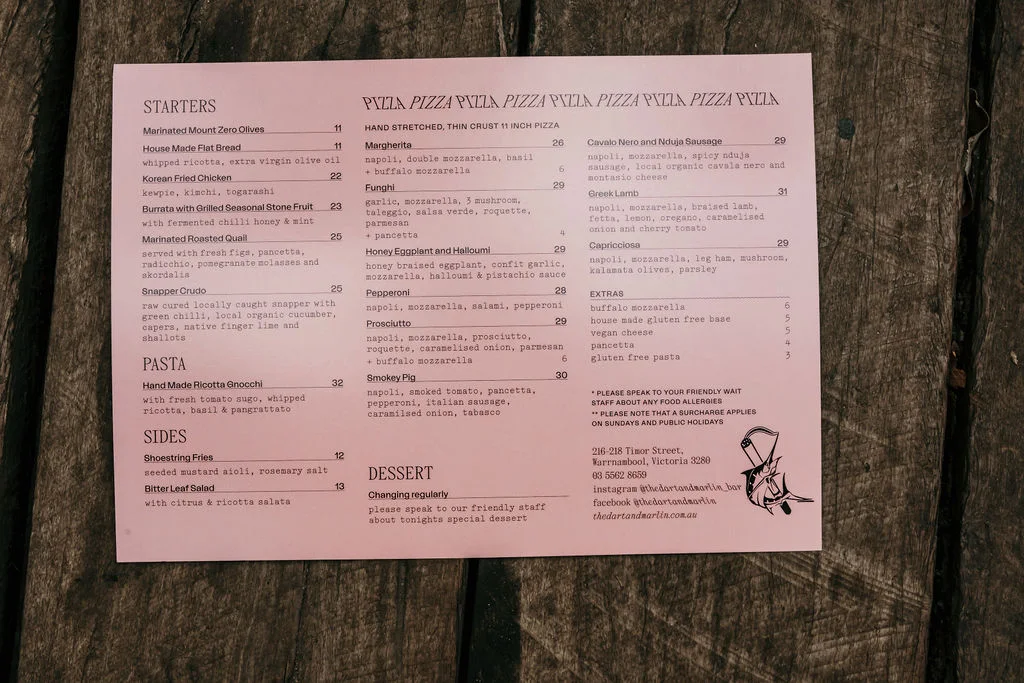 Menu, The Dart And Marlin