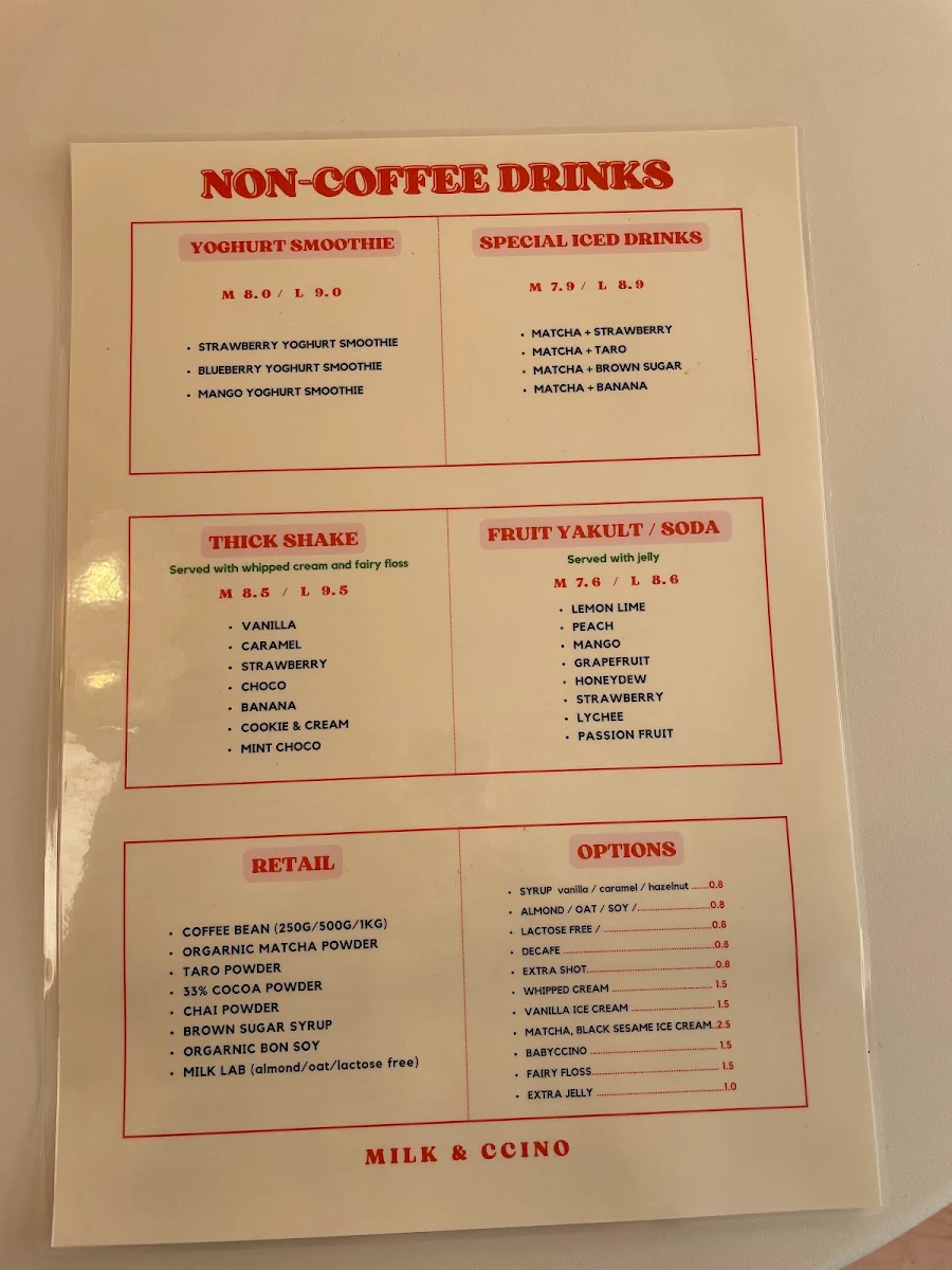 Menu, MILK & CCINO