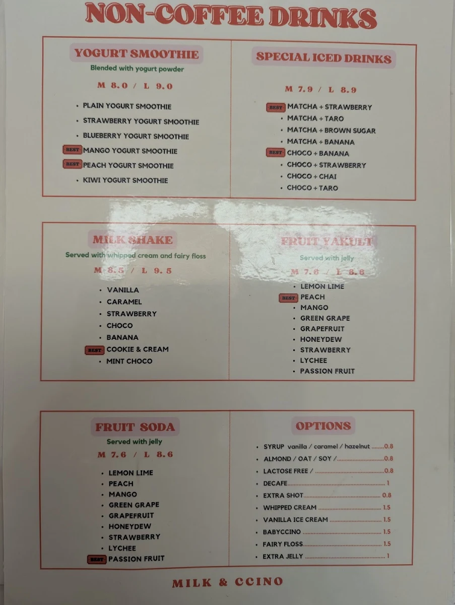 Menu, MILK & CCINO