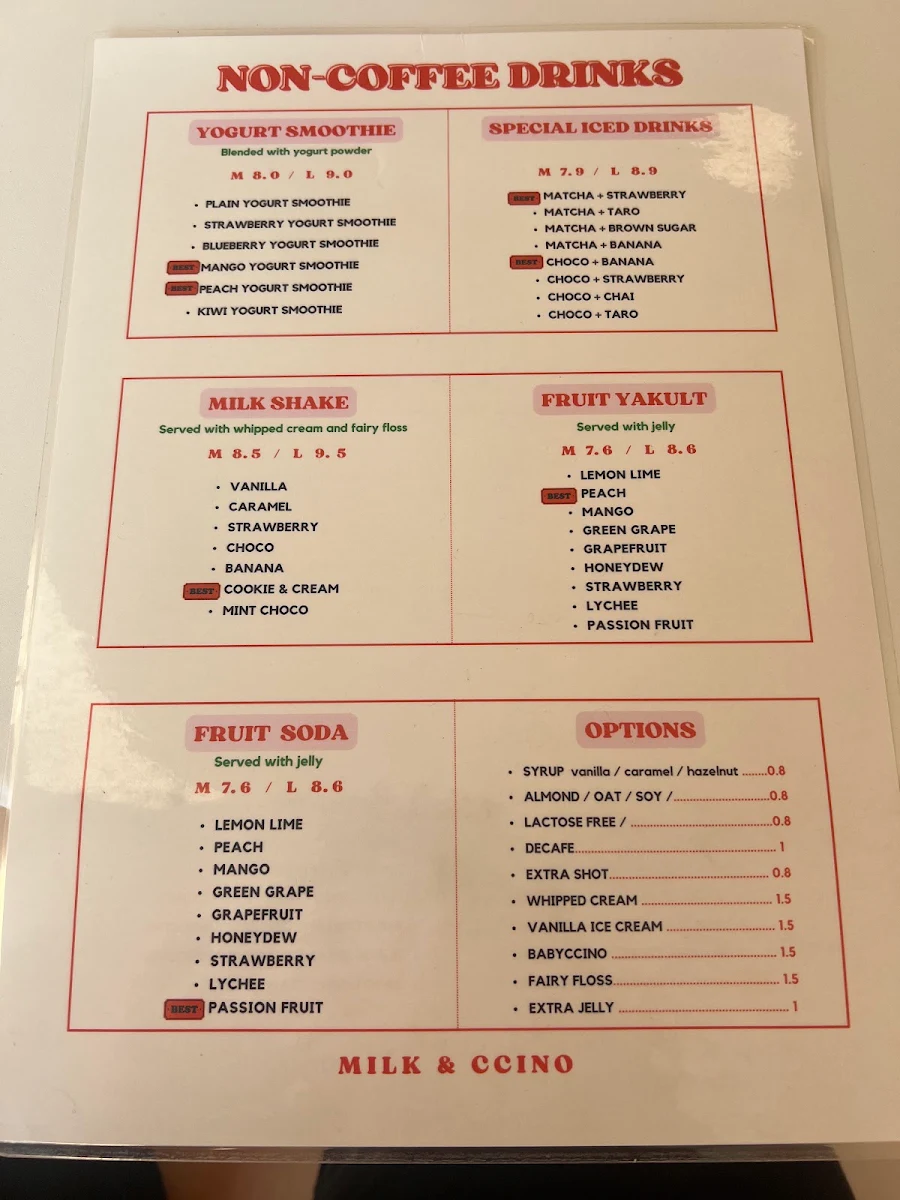 Menu, MILK & CCINO