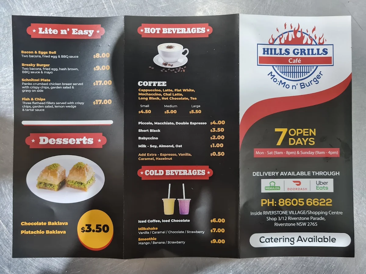 Menu, Hills Grills Riverstone