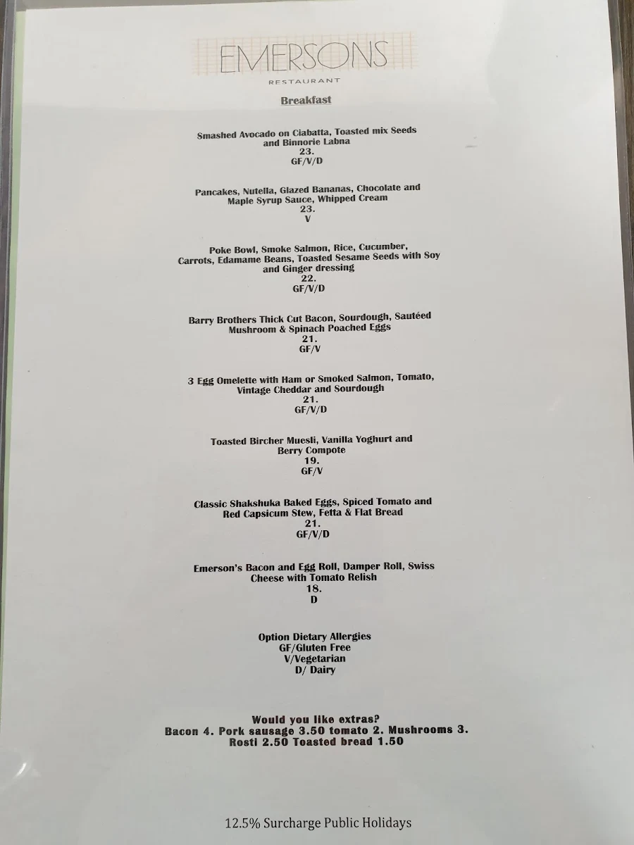 Menu, Emerson's on the Lake