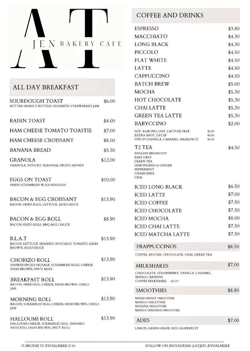 Menu, At Jen Bakery Cafe
