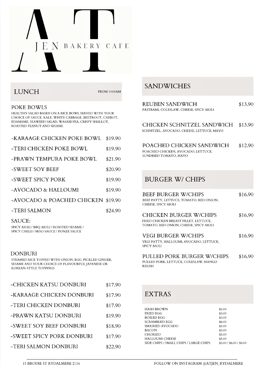 Menu, At Jen Bakery Cafe