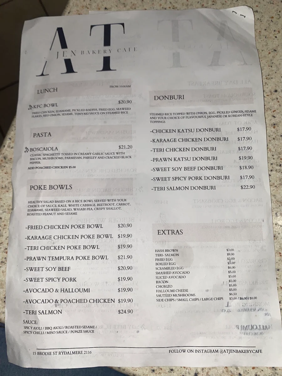 Menu, At Jen Bakery Cafe