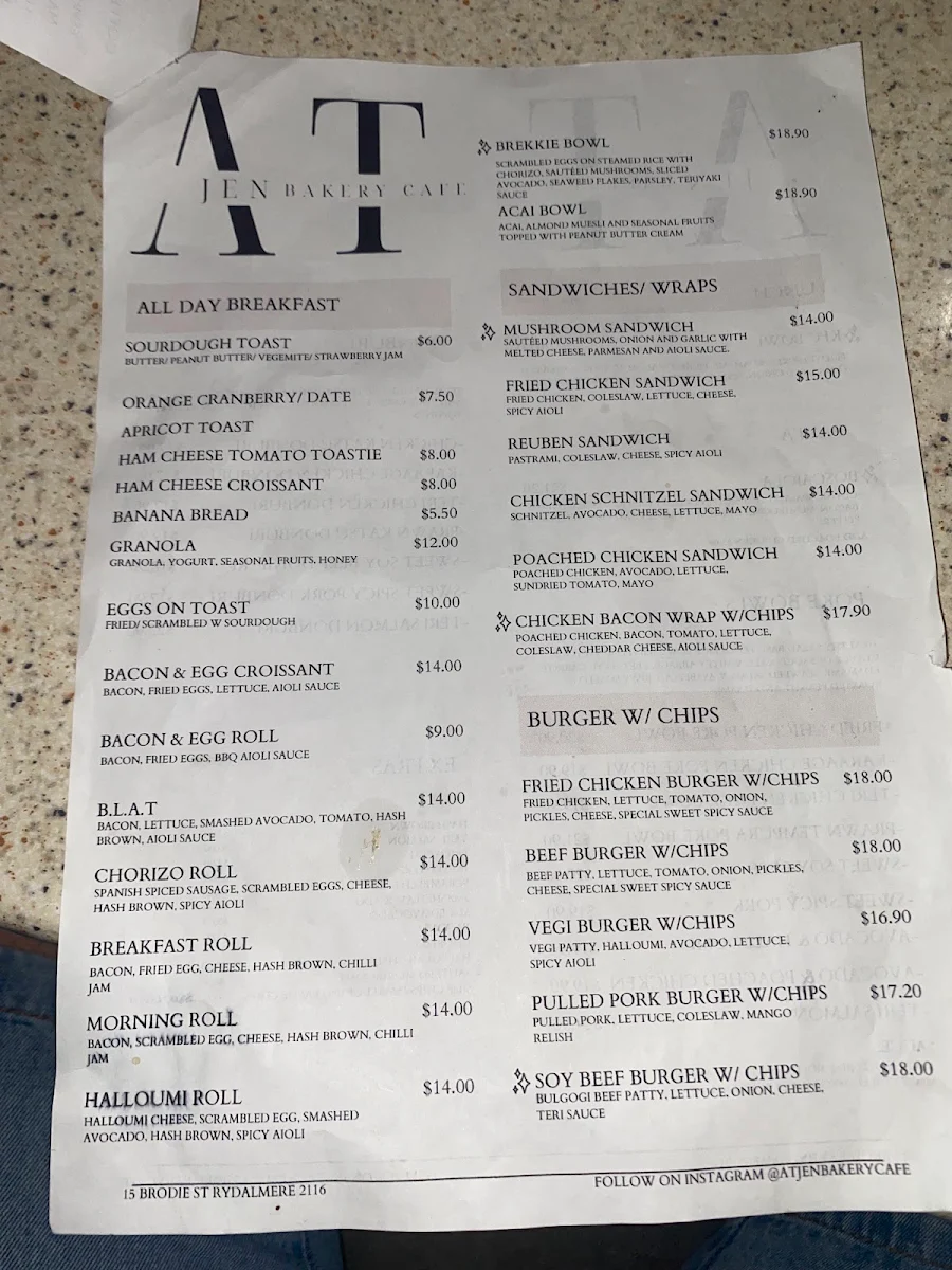 Menu, At Jen Bakery Cafe