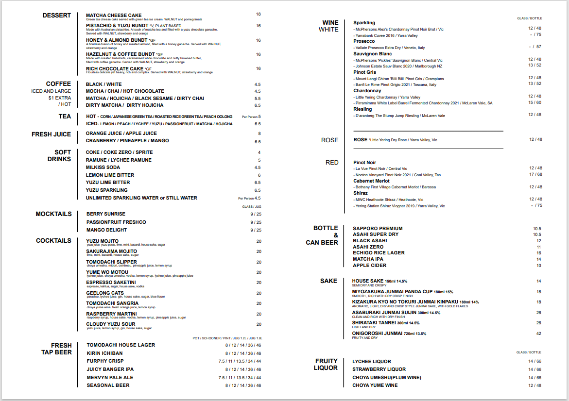 Menu, Tomodachi 2.0 Brunch Cafe & Izakaya Bar