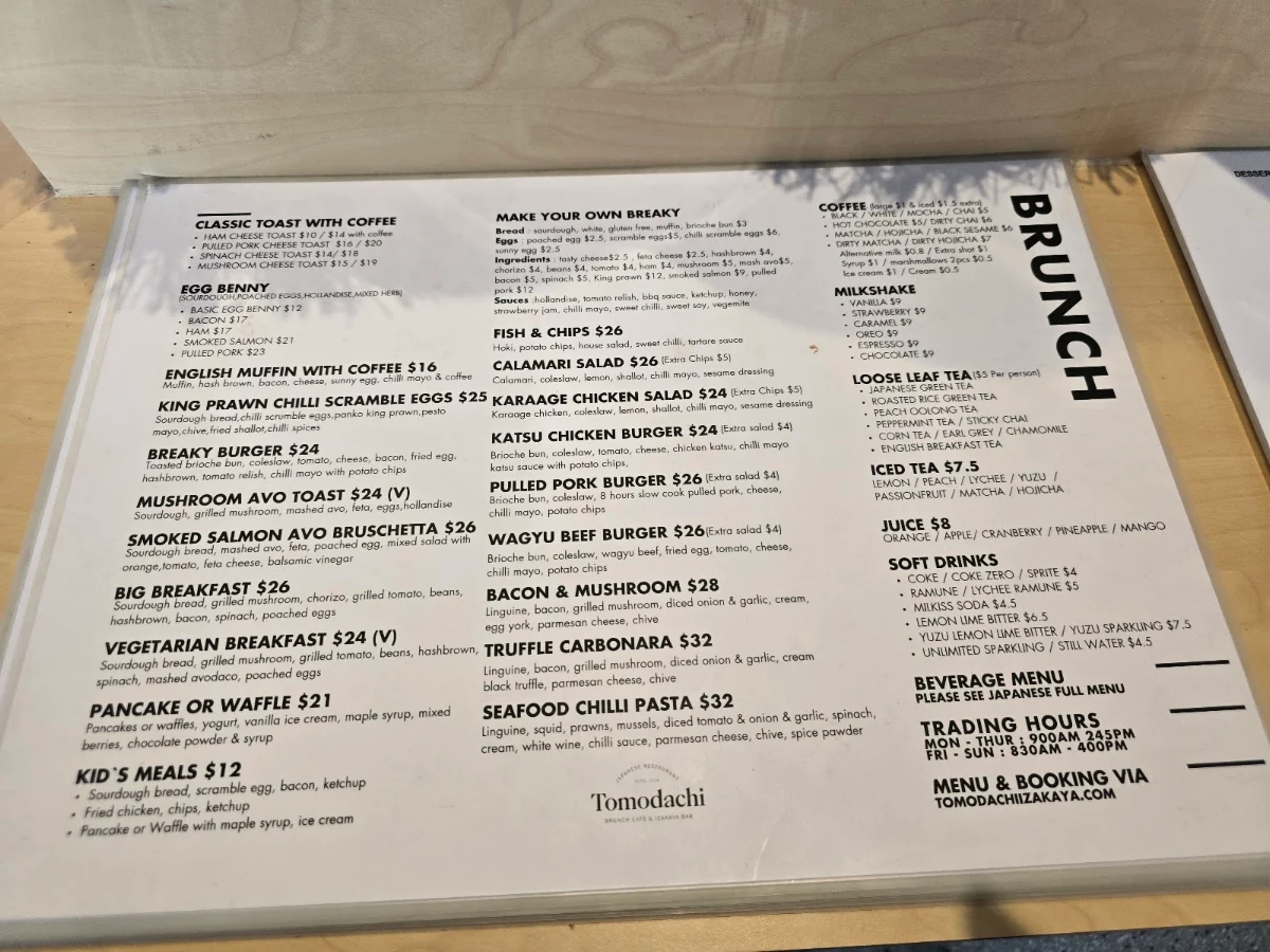 Menu, Tomodachi 2.0 Brunch Cafe & Izakaya Bar