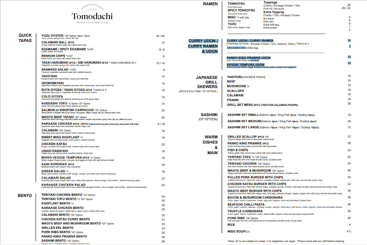 Menu, Tomodachi 2.0 Brunch Cafe & Izakaya Bar