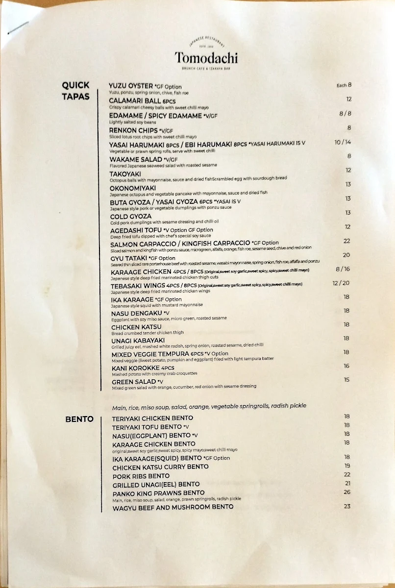 Menu, Tomodachi 2.0 Brunch Cafe & Izakaya Bar