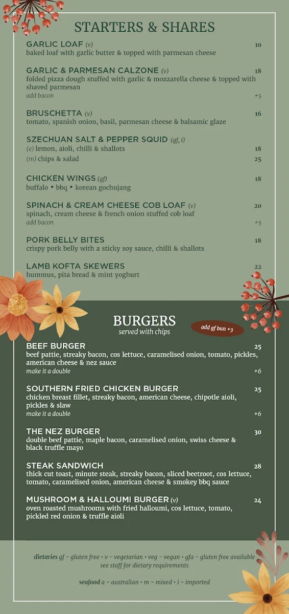 Menu, Narellan Hotel