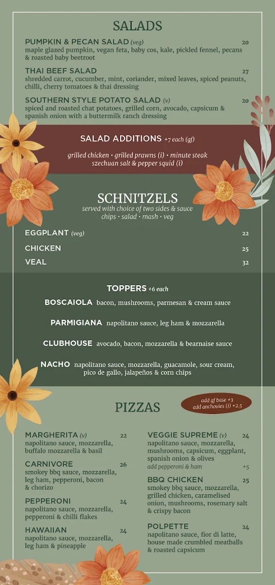Menu, Narellan Hotel