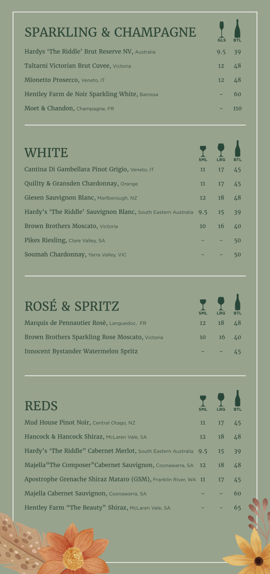 Menu, Narellan Hotel